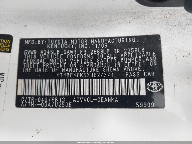 Aukcja sprzedaży 2007 Toyota Camry Le, vin: 4T1BE46K57U627771, numer aukcji: 45958563