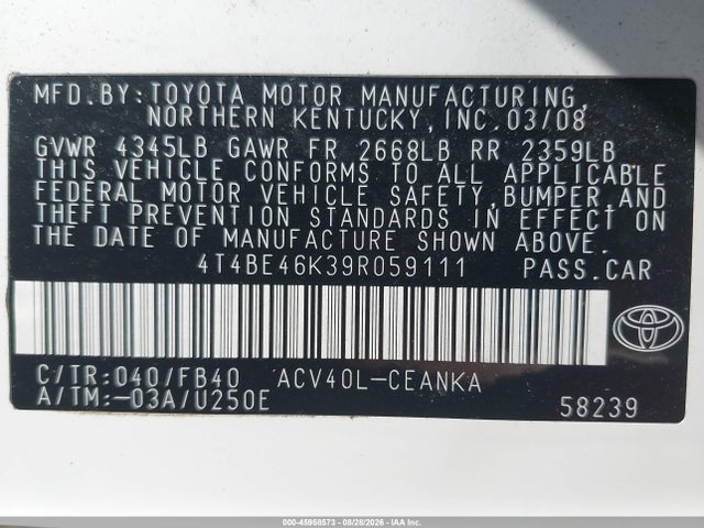 2009 Toyota Camry Le მანქანა იყიდება აუქციონზე, vin: 4T4BE46K39R059111, აუქციონის ნომერი: 45958573
