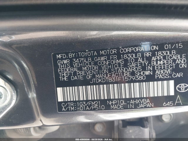 2015 Toyota Prius C Two მანქანა იყიდება აუქციონზე, vin: JTDKDTB31F1579380, აუქციონის ნომერი: 45958586