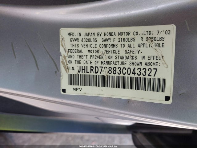 2003 Honda Cr-v Ex მანქანა იყიდება აუქციონზე, vin: JHLRD78883C043327, აუქციონის ნომერი: 45958601
