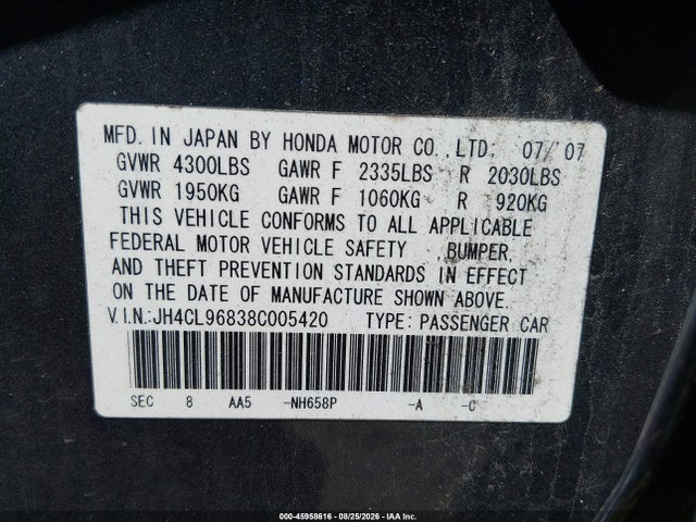 45958616 :رقم المزاد ، JH4CL96838C005420 vin ، 2008 Acura Tsx مزاد بيع