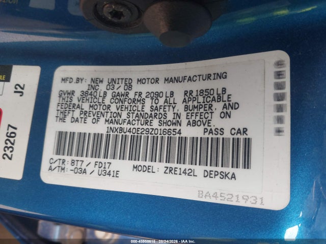 Aukcja sprzedaży 2009 Toyota Corolla S, vin: 1NXBU40E29Z016654, numer aukcji: 45958618