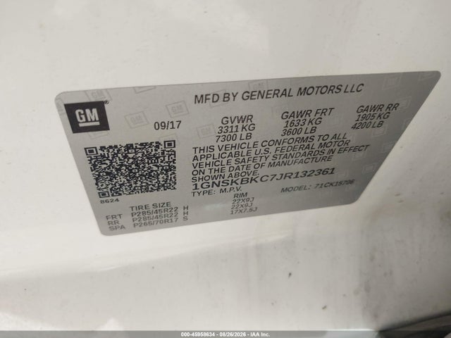 2018 Chevrolet Tahoe Lt მანქანა იყიდება აუქციონზე, vin: 1GNSKBKC7JR132361, აუქციონის ნომერი: 45958634