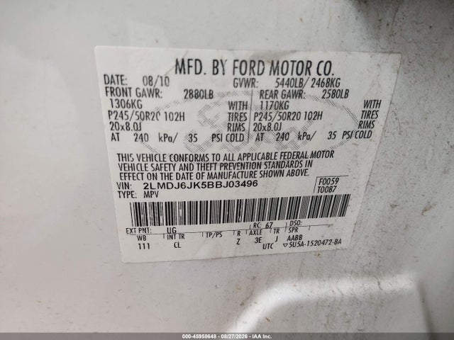 45958648 :رقم المزاد ، 2LMDJ6JK5BBJ03496 vin ، 2011 Lincoln Mkx مزاد بيع