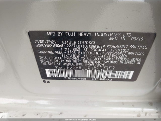 45958658 :رقم المزاد ، JF2GPADCXH8207353 vin ، 2017 Subaru Crosstrek 2.0i Premium مزاد بيع