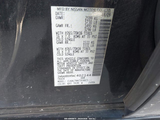 2010 Nissan Frontier Se მანქანა იყიდება აუქციონზე, vin: 1N6AD0ER9AC402144, აუქციონის ნომერი: 45958675