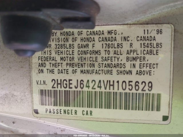 45958680 :رقم المزاد ، 2HGEJ6424VH105629 vin ، 1997 Honda Civic Cx مزاد بيع