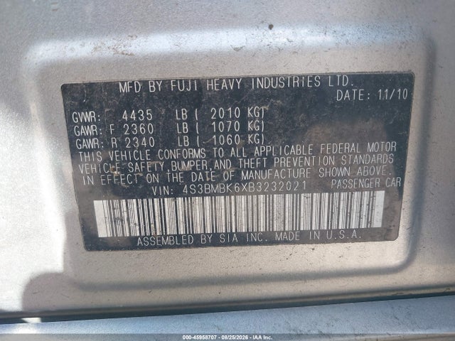 45958707 :رقم المزاد ، 4S3BMBK6XB3232021 vin ، 2011 Subaru Legacy 2.5i Limited مزاد بيع