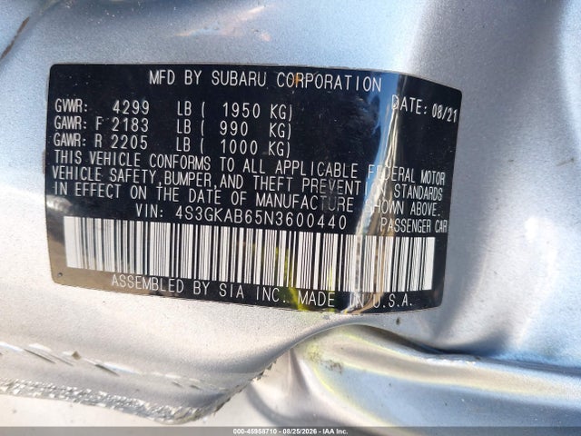 Aukcja sprzedaży 2022 Subaru Impreza Base, vin: 4S3GKAB65N3600440, numer aukcji: 45958710