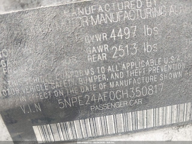 45958712 :رقم المزاد ، 5NPE24AF0GH350817 vin ، 2016 Hyundai Sonata Se مزاد بيع