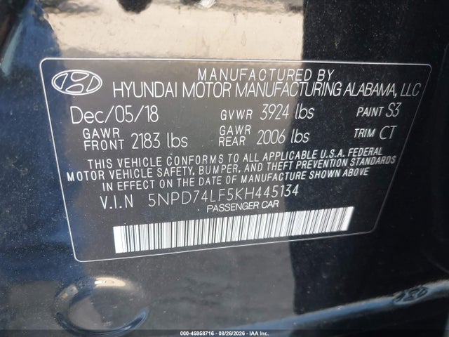 Продажа на аукционе авто 2019 Hyundai Elantra Se, vin: 5NPD74LF5KH445134, номер лота: 45958716