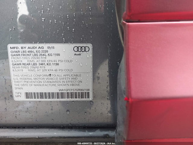 Продажа на аукционе авто 2016 Audi Q3 2.0t Premium Plus, vin: WA1GFCFS7GR002108, номер лота: 45958723
