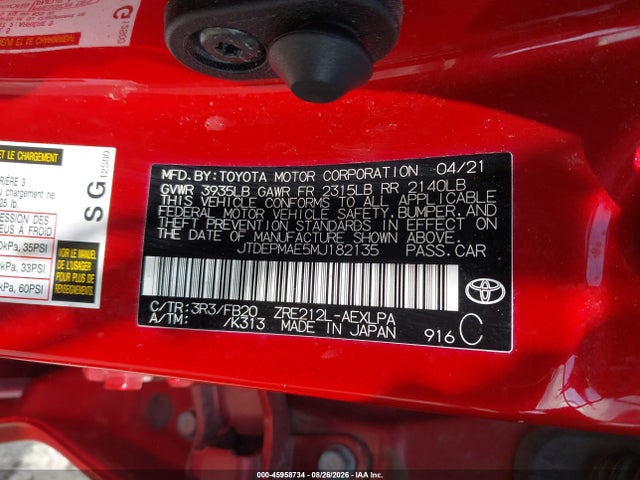 45958734 :رقم المزاد ، JTDEPMAE5MJ182135 vin ، 2021 Toyota Corolla Le مزاد بيع