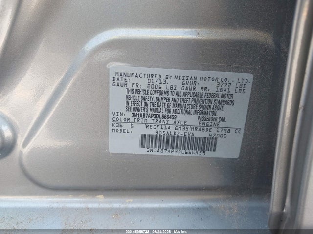 2013 Nissan Sentra Sv მანქანა იყიდება აუქციონზე, vin: 3N1AB7AP3DL666459, აუქციონის ნომერი: 45958738