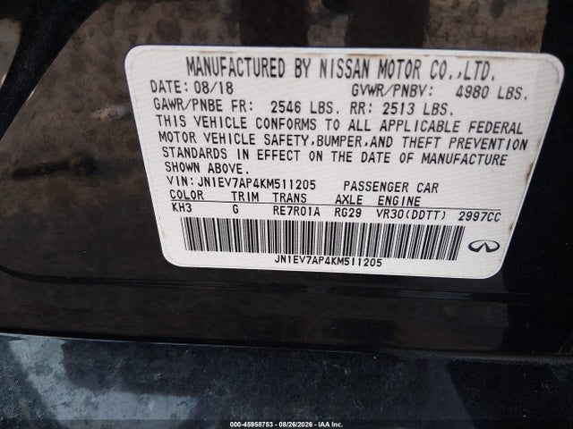 Aukcja sprzedaży 2019 Infiniti Q50 3.0t Luxe, vin: JN1EV7AP4KM511205, numer aukcji: 45958753