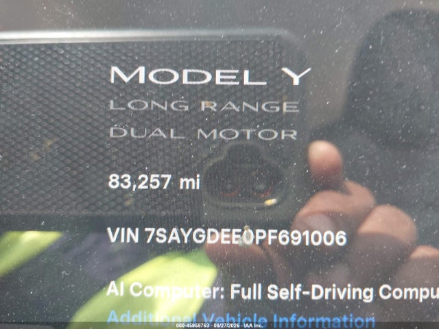 45958763 :رقم المزاد ، 7SAYGDEE0PF691006 vin ، 2023 Tesla Model Y Awd/long Range Dual Motor All-wheel Drive مزاد بيع