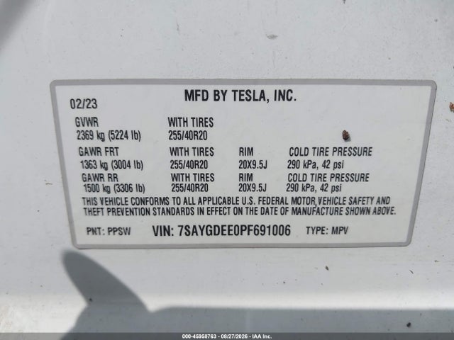 45958763 :رقم المزاد ، 7SAYGDEE0PF691006 vin ، 2023 Tesla Model Y Awd/long Range Dual Motor All-wheel Drive مزاد بيع