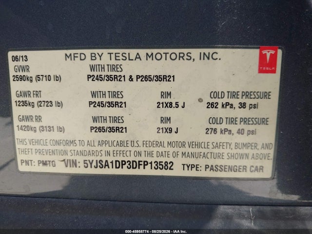 Aukcja sprzedaży 2013 Tesla Model S Performance, vin: 5YJSA1DP3DFP13582, numer aukcji: 45958774