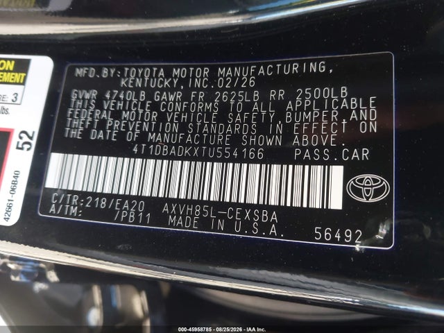 Продажа на аукционе авто 2026 Toyota Camry Se, vin: 4T1DBADKXTU554166, номер лота: 45958785