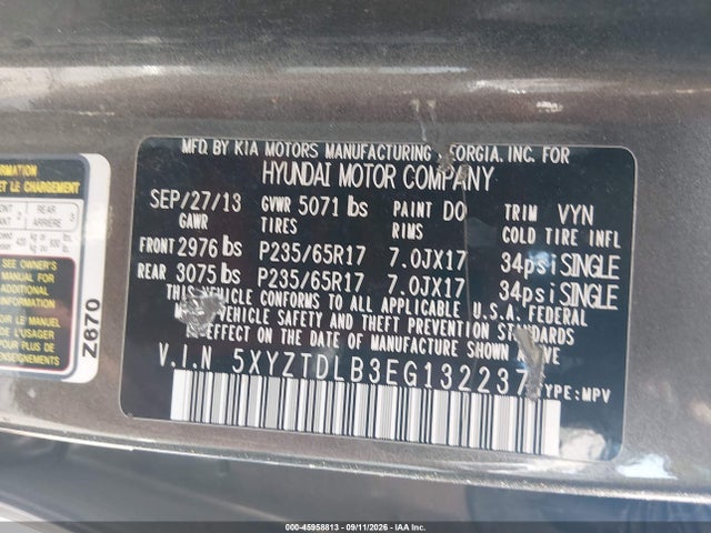 2014 Hyundai Santa Fe Sport 2.4l მანქანა იყიდება აუქციონზე, vin: 5XYZTDLB3EG132237, აუქციონის ნომერი: 45958813