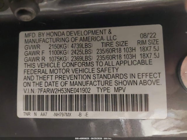 Продажа на аукционе авто 2022 Honda Cr-v Awd Ex, vin: 7FARW2H53NE041902, номер лота: 45958825