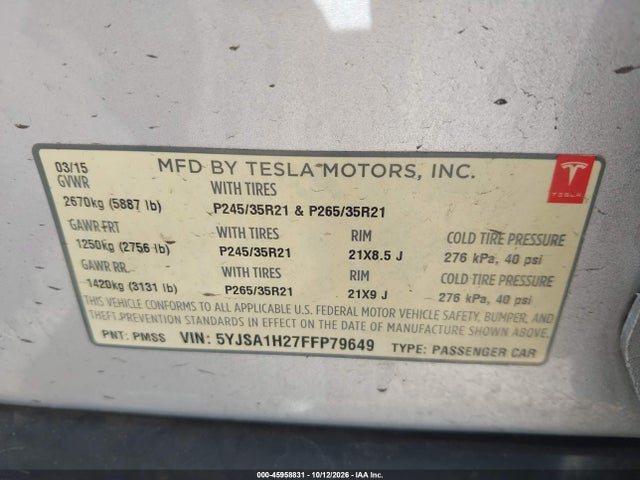 Tesla Model S 70d/85d/p85d 2015 5YJSA1H27FFP79649 Image 9