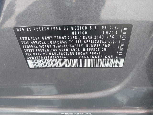 3VW2K7AJ9FM249984 Volkswagen Jetta 2.0l S