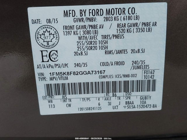 1FM5K8F82GGA73167 Ford Explorer Limited
