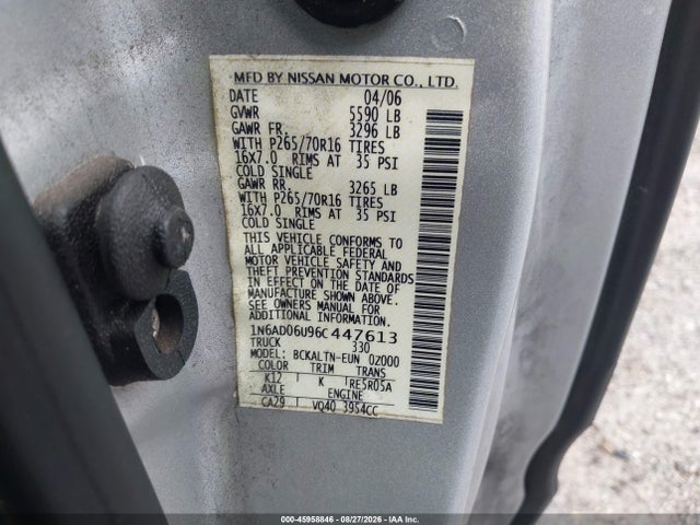 2006 Nissan Frontier Se მანქანა იყიდება აუქციონზე, vin: 1N6AD06U96C447613, აუქციონის ნომერი: 45958846