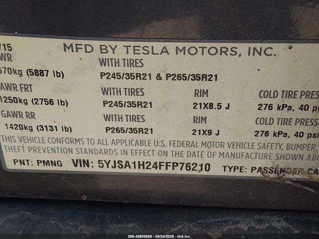 Продаж на аукціоні авто 2015 Tesla Model S 70d/85d/p85d, vin: 5YJSA1H24FFP76210, номер лоту: 45958856