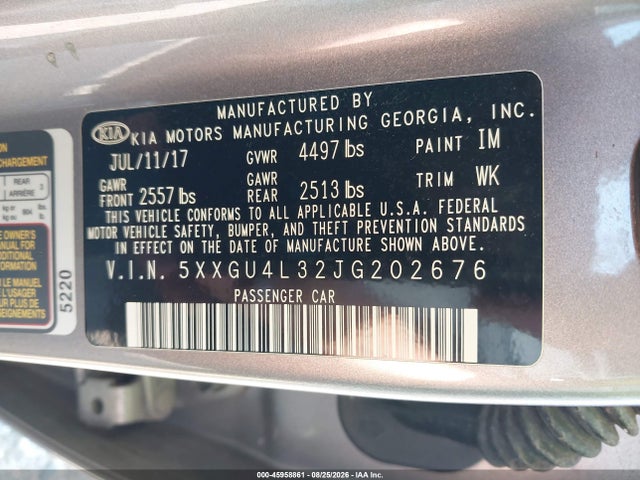 45958861 :رقم المزاد ، 5XXGU4L32JG202676 vin ، 2018 Kia Optima Ex مزاد بيع
