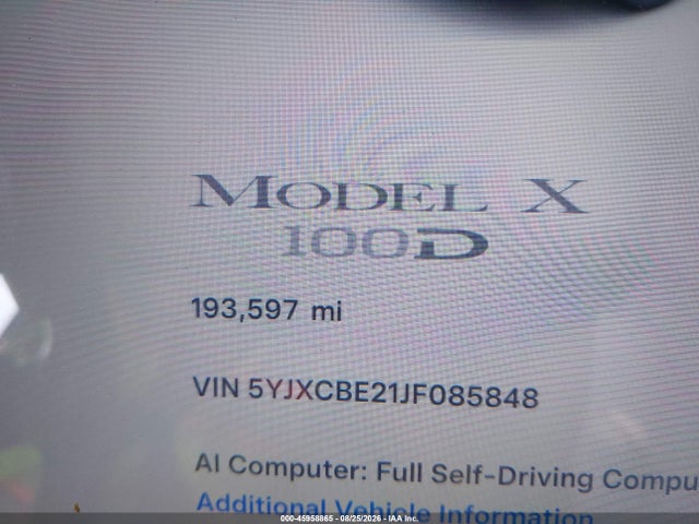 2018 Tesla Model X მანქანა იყიდება აუქციონზე, vin: 5YJXCBE21JF085848, აუქციონის ნომერი: 45958865