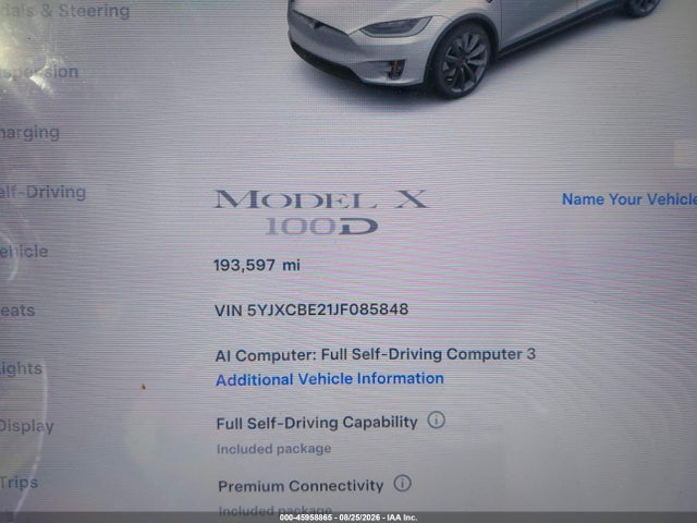 2018 Tesla Model X მანქანა იყიდება აუქციონზე, vin: 5YJXCBE21JF085848, აუქციონის ნომერი: 45958865