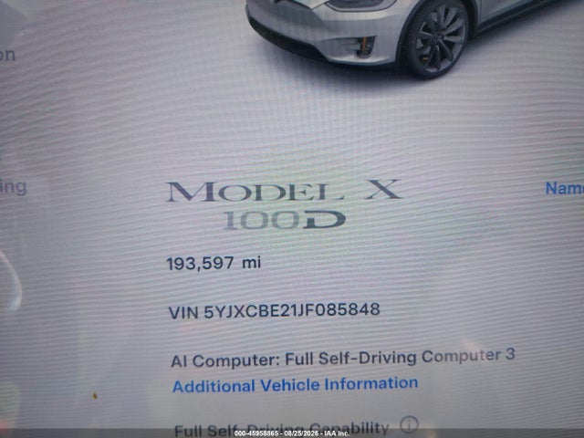 2018 Tesla Model X მანქანა იყიდება აუქციონზე, vin: 5YJXCBE21JF085848, აუქციონის ნომერი: 45958865