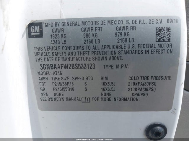 45958876 :رقم المزاد ، 3GNBAAFW2BS533123 vin ، 2011 Chevrolet Hhr Ls مزاد بيع