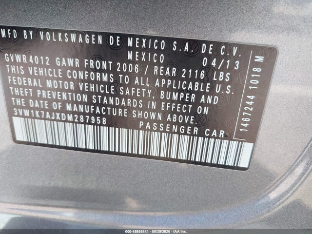 2013 Volkswagen Jetta 2.0l S მანქანა იყიდება აუქციონზე, vin: 3VW1K7AJXDM287958, აუქციონის ნომერი: 45958881
