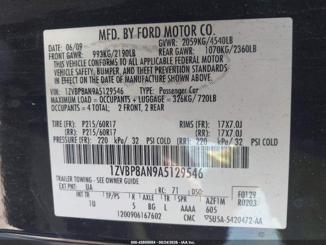 45958884 :رقم المزاد ، 1ZVBP8AN9A5129546 vin ، 2010 Ford Mustang V6/v6 Premium مزاد بيع