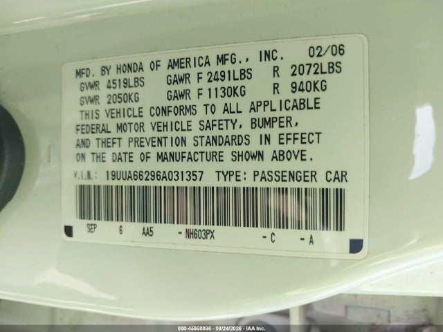 45958886 :رقم المزاد ، 19UUA66296A031357 vin ، 2006 Acura Tl مزاد بيع