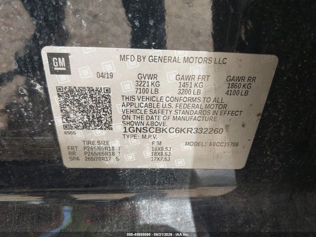 Продажа на аукционе авто 2019 Chevrolet Tahoe Lt, vin: 1GNSCBKC6KR332260, номер лота: 45958890