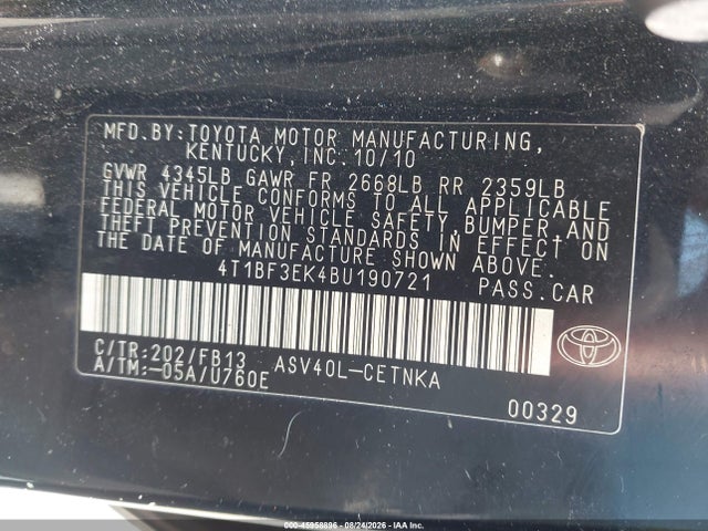 2011 Toyota Camry მანქანა იყიდება აუქციონზე, vin: 4T1BF3EK4BU190721, აუქციონის ნომერი: 45958896