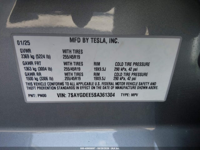 Продаж на аукціоні авто 2025 Tesla Model Y Long Range Dual Motor All-wheel Drive, vin: 7SAYGDEE5SA361304, номер лоту: 45958897