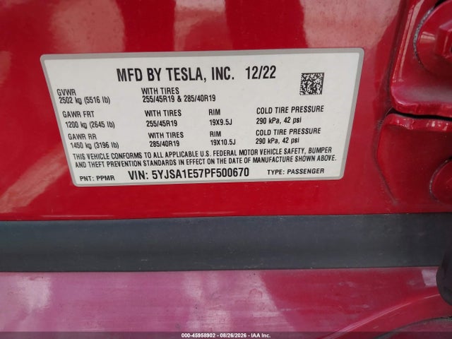 Продажа на аукционе авто 2023 Tesla Model S Dual Motor All-wheel Drive/standard Range, vin: 5YJSA1E57PF500670, номер лота: 45958902