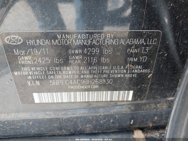 45958906 :رقم المزاد ، 5NPEC4AC9BH268130 vin ، 2011 Hyundai Sonata Limited مزاد بيع
