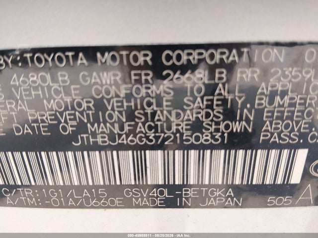 Продажа на аукционе авто 2007 Lexus Es 350, vin: JTHBJ46G372150831, номер лота: 45958911