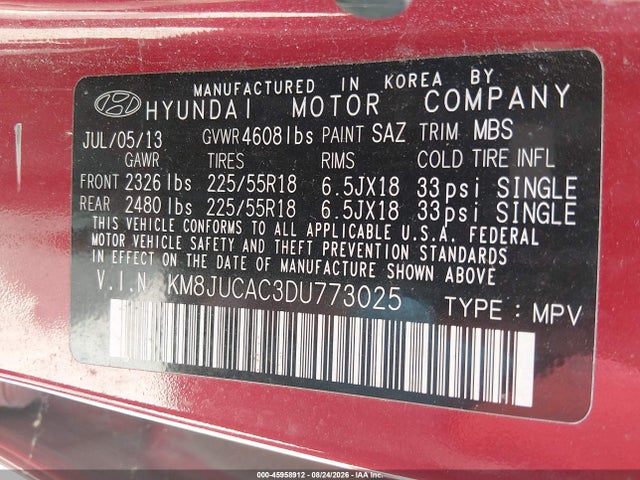 Продажа на аукционе авто 2013 Hyundai Tucson Limited, vin: KM8JUCAC3DU773025, номер лота: 45958912