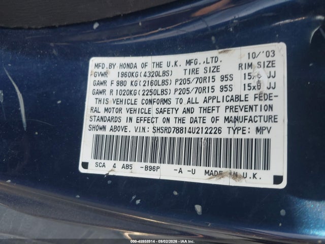 45958914 :رقم المزاد ، SHSRD78814U212226 vin ، 2004 Honda Cr-v Ex مزاد بيع
