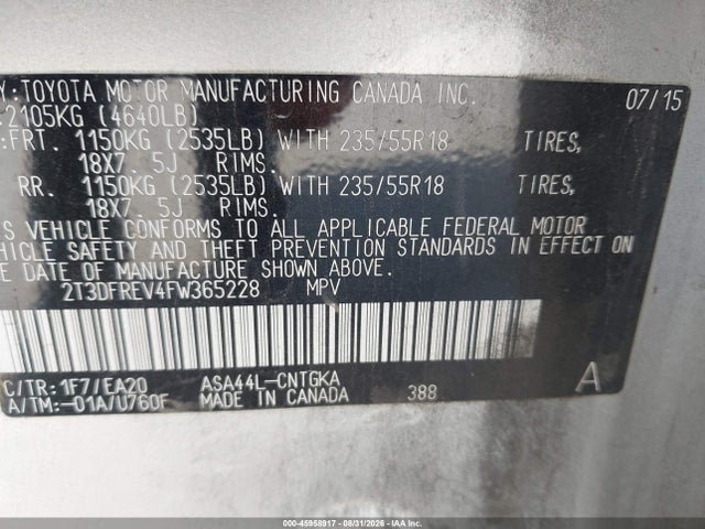2015 Toyota Rav4 Limited მანქანა იყიდება აუქციონზე, vin: 2T3DFREV4FW365228, აუქციონის ნომერი: 45958917