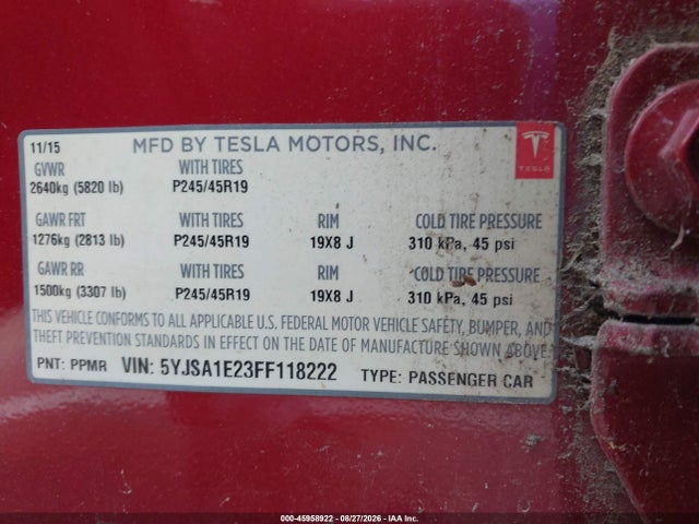 2015 Tesla Model S 70d/85d/p85d მანქანა იყიდება აუქციონზე, vin: 5YJSA1E23FF118222, აუქციონის ნომერი: 45958922