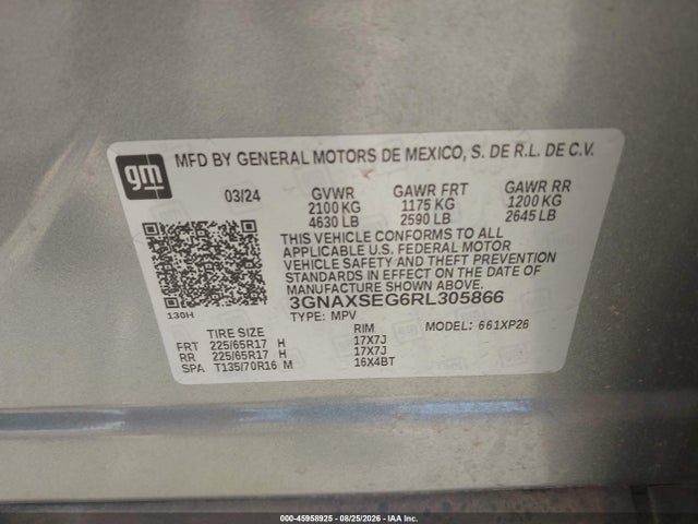 2024 Chevrolet Equinox Awd Ls მანქანა იყიდება აუქციონზე, vin: 3GNAXSEG6RL305866, აუქციონის ნომერი: 45958925