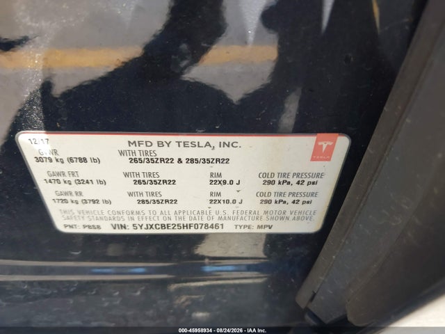 Aukcja sprzedaży 2017 Tesla Model X 100d/75d/90d, vin: 5YJXCBE25HF078461, numer aukcji: 45958934